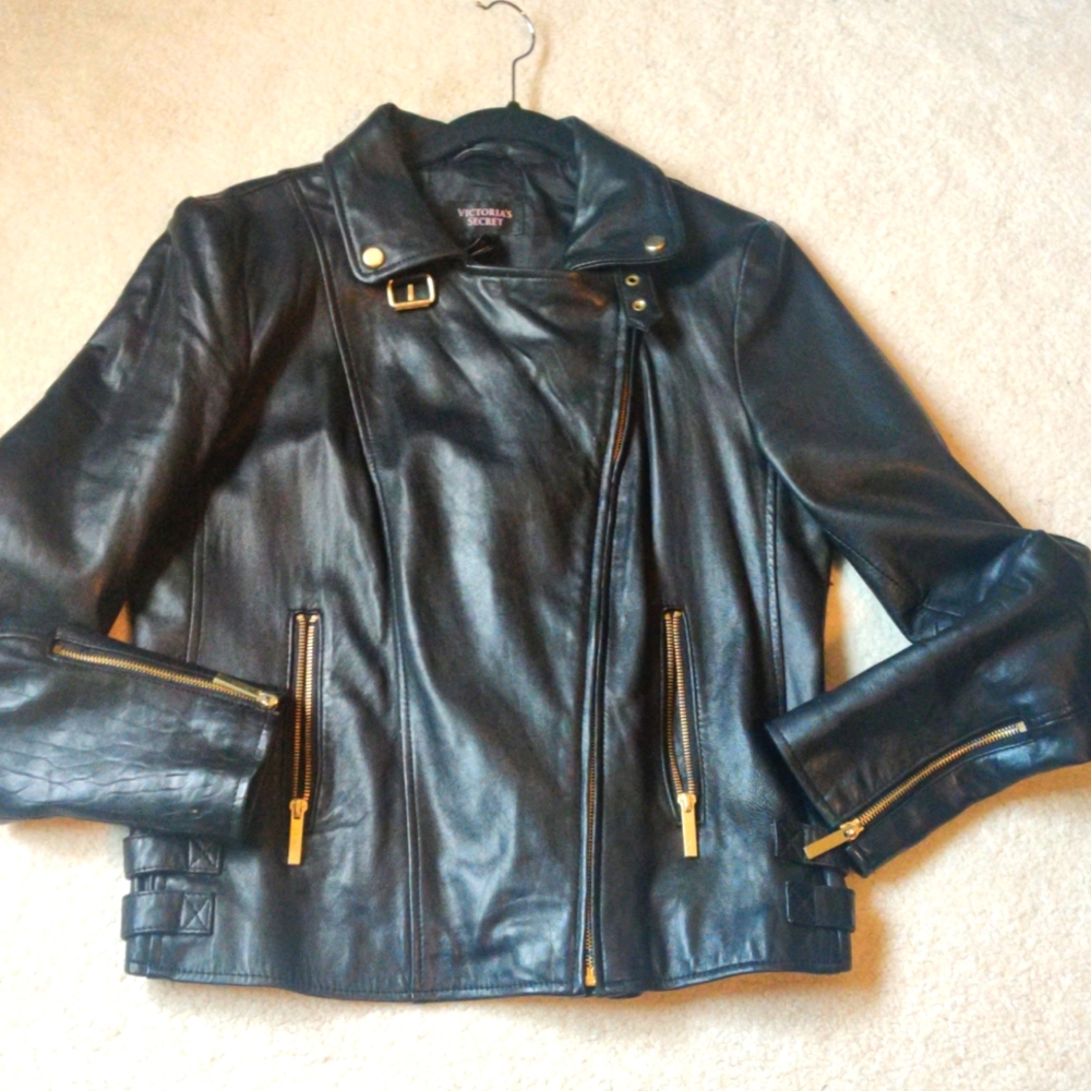 Victoria’s Secret butter Leather Moto motorcycle Jacket Gold Zip Black Large L